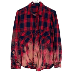 Handmade Upcycled Plaid Ombré Custom Bleached Button Down Shirt Women Medium Red